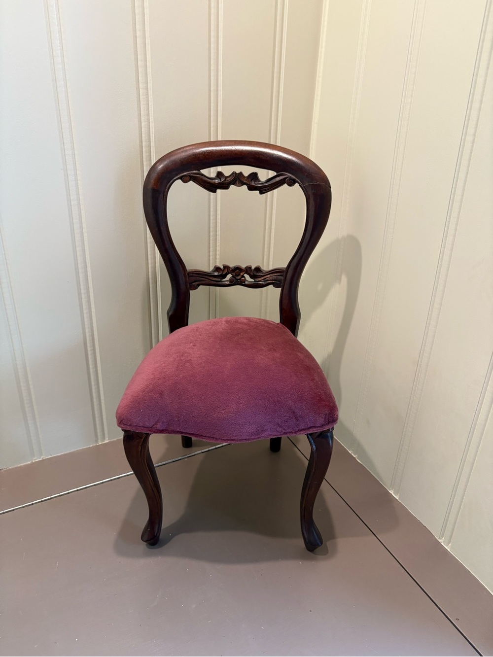 Upholstered Doll Accent Chair in Plum with Carved Wood Frame